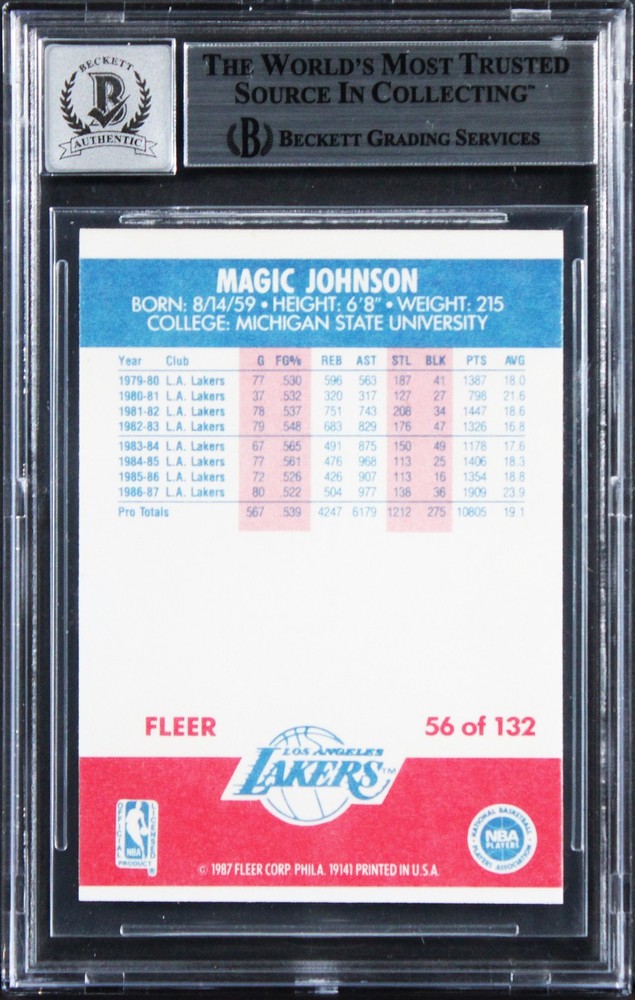 Magic Johnson Signed 1987 Fleer #56 Card Auto Graded Gem Mint 10! BAS Slabbed