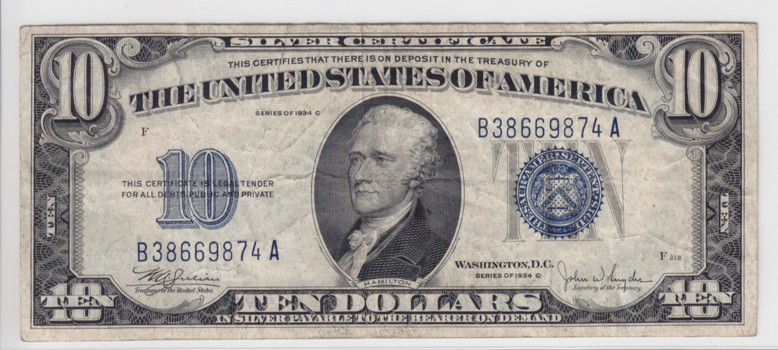 1934C $10 Silver Certificate Note FR#1704 B38669874A