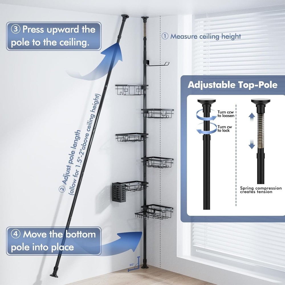 Rustproof 6-Pack Corner Shelf with 30-120 Inch Adjustable Shower Rack for Inside