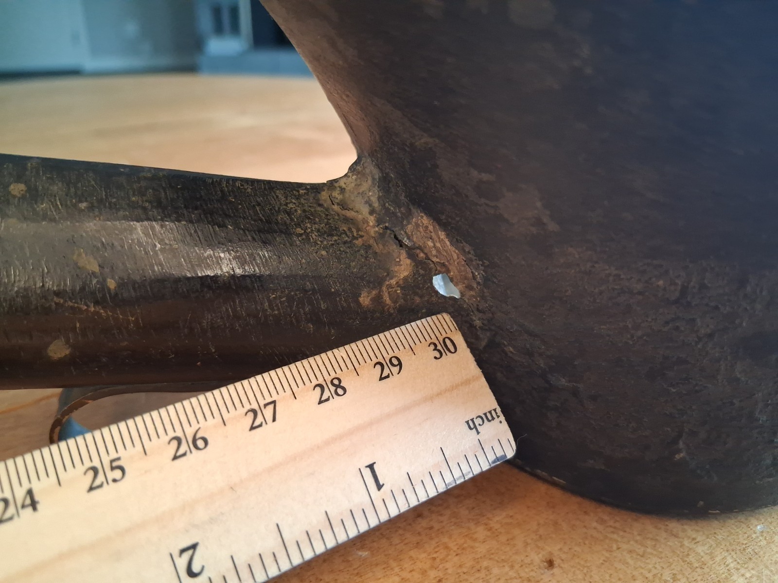 Antique 12" Big Chinese Bronze Silk Iron w/ Carved Cinnabar Handle, Hole Shown