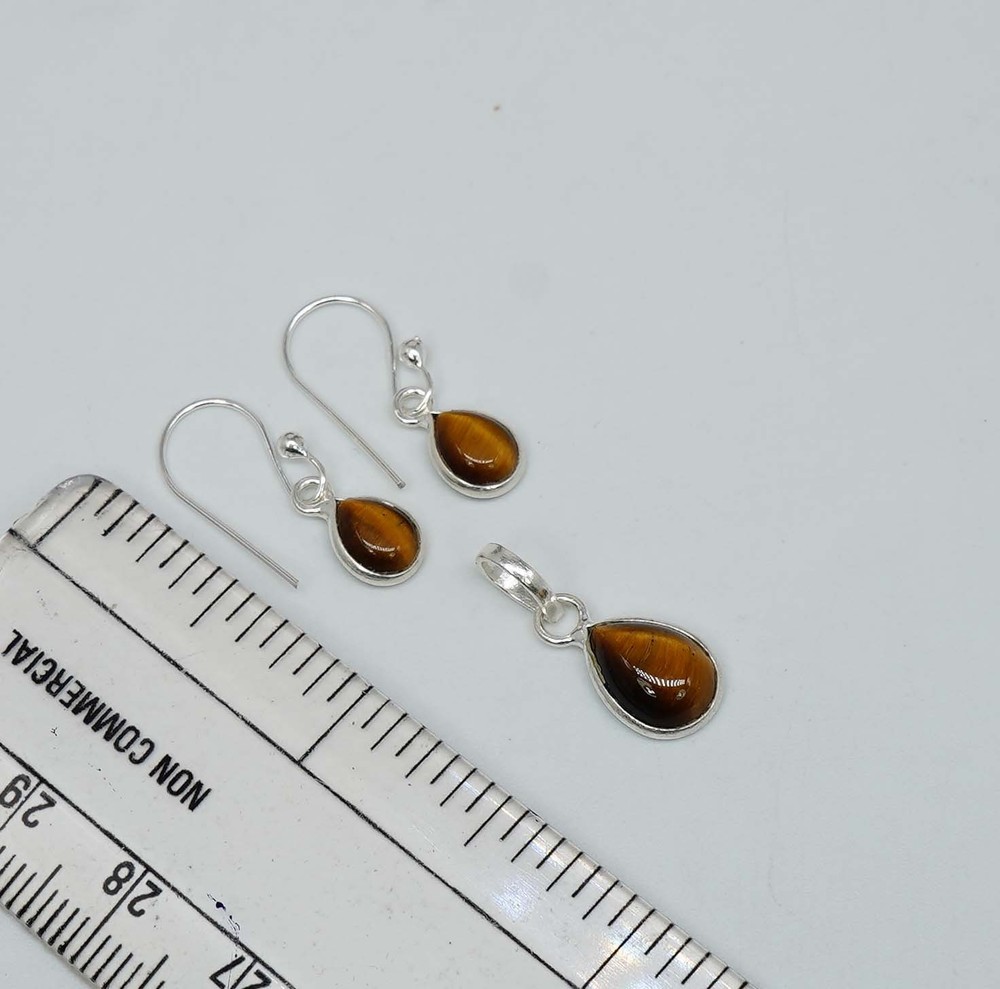 925 Solid Sterling Silver Tiger Eye Hook Earring Pendant Set