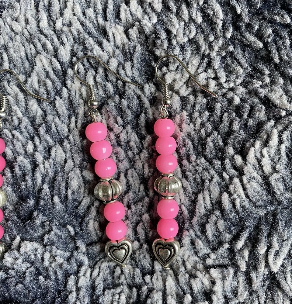Handmade Pink & Silver Beaded Dangle Drop Earrings Set (2)