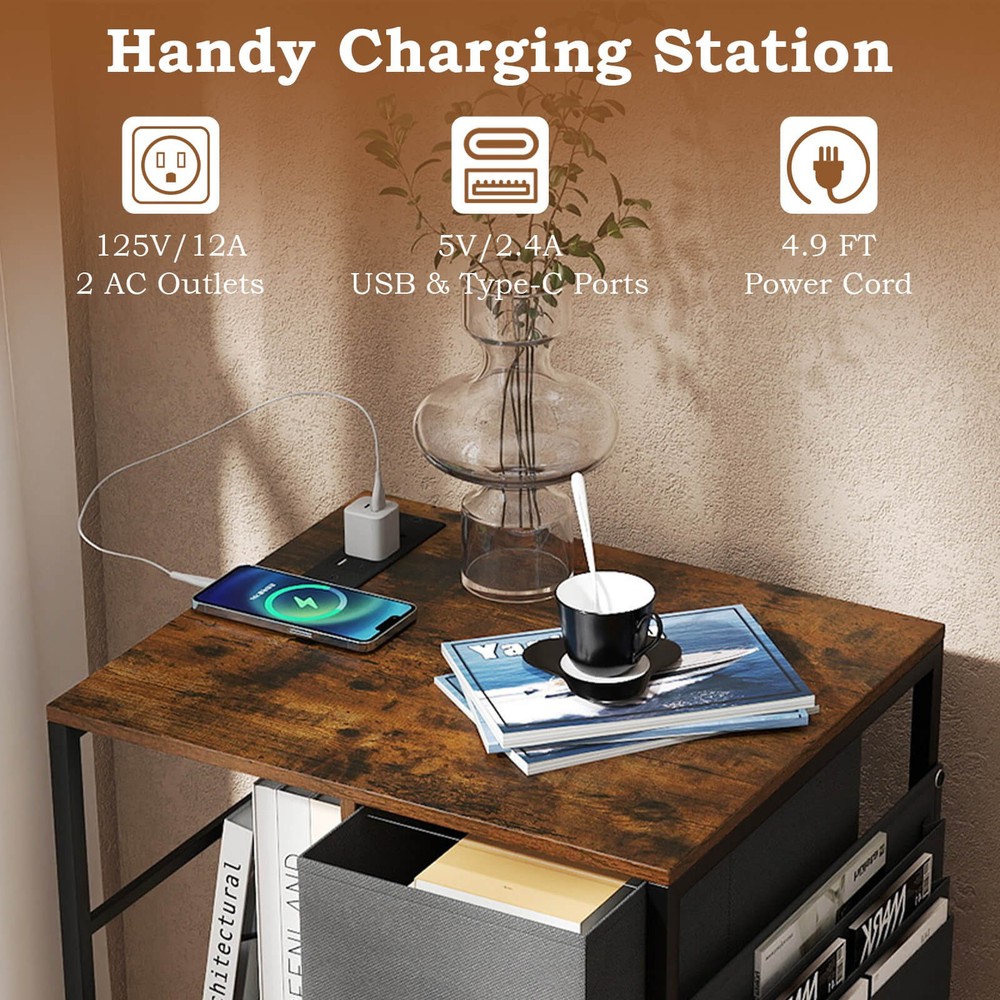 2PCS Nightstand 3-Tier Storage End Table Bedside Table w/Charging Station &