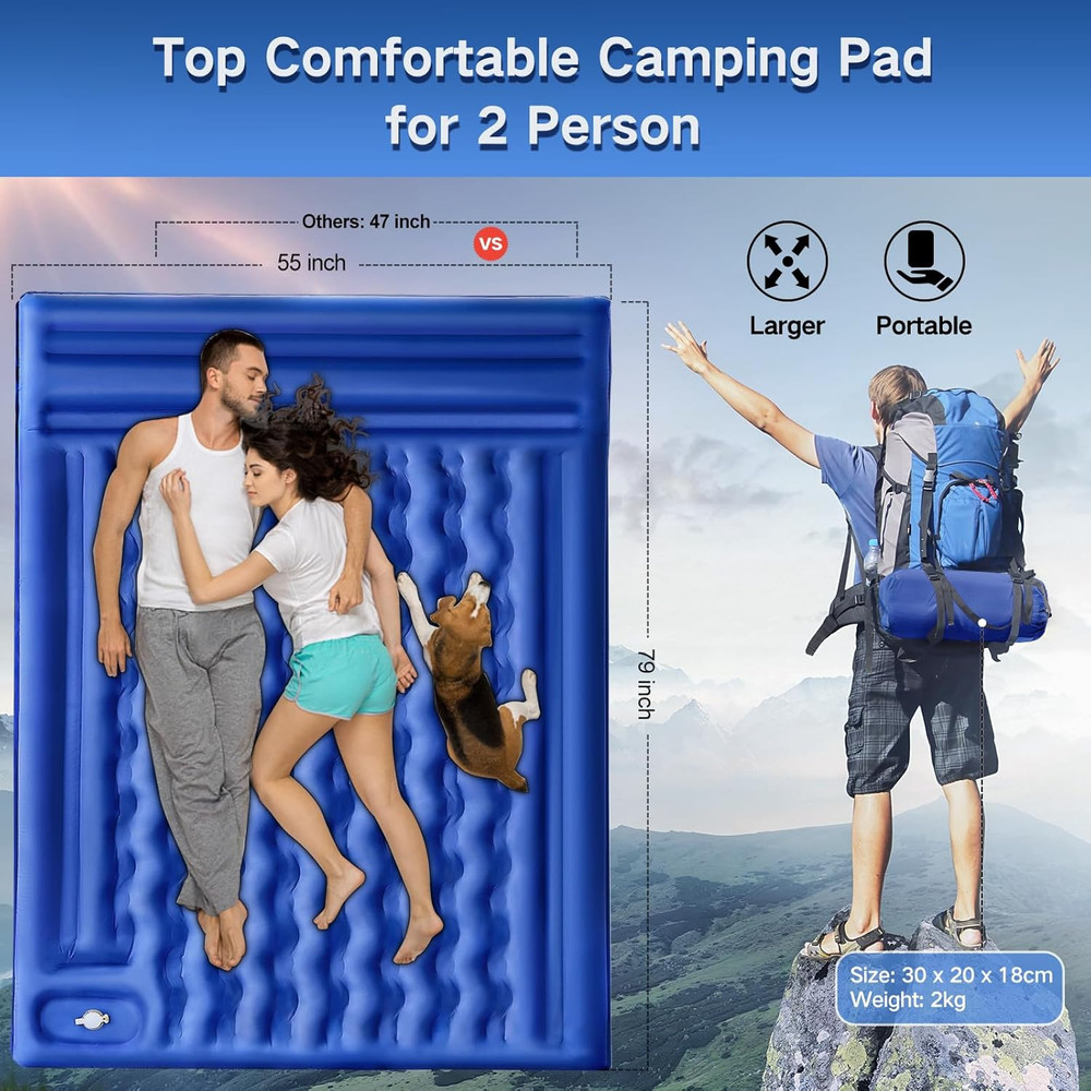 Self-Inflating Double Sleeping Pad for 2, Extra-Thick & Waterproof, Navy Grey