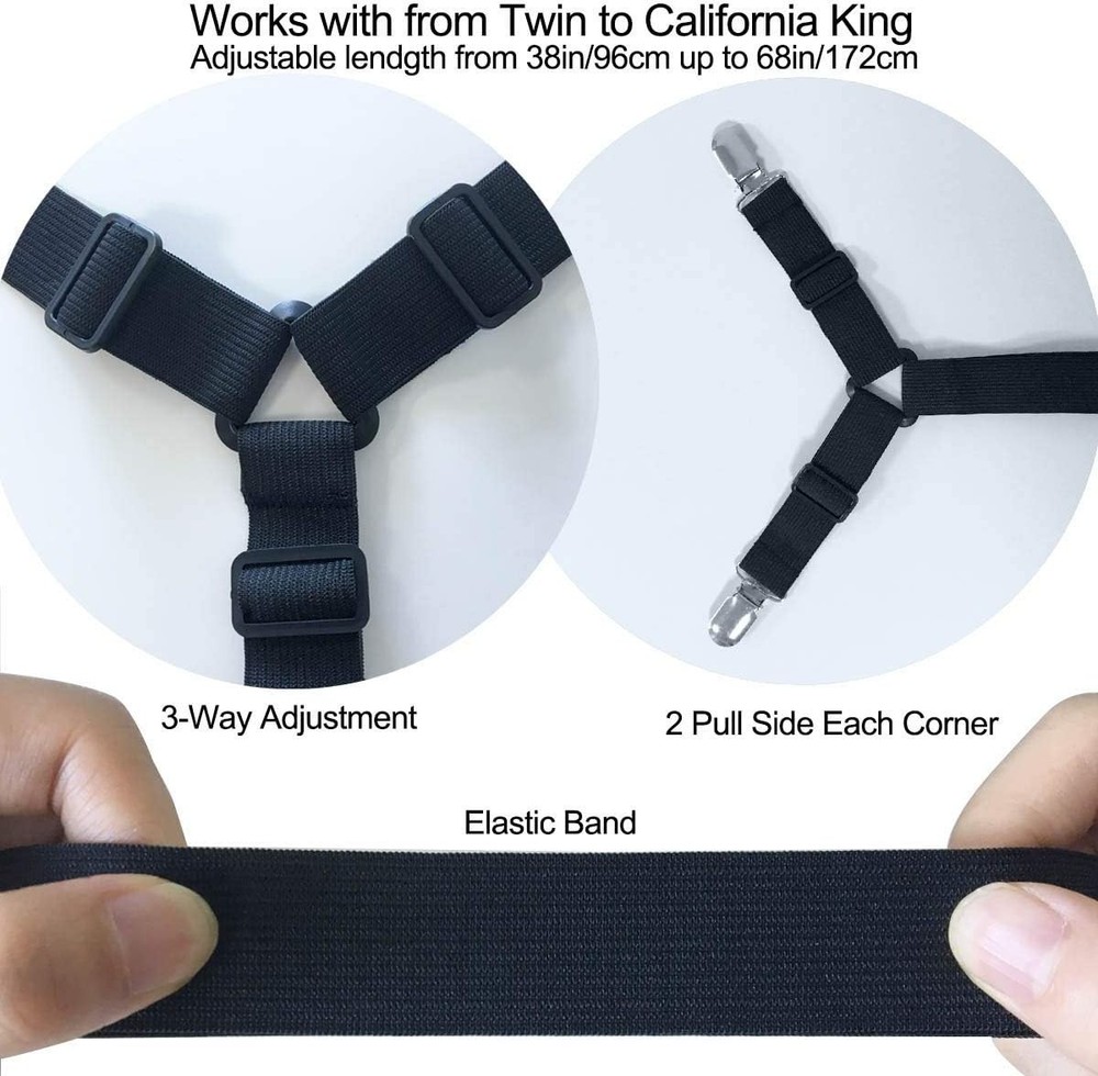 Adjustable Bed Sheet Clips - 4 Pack with Secure Crisscross Design, Black