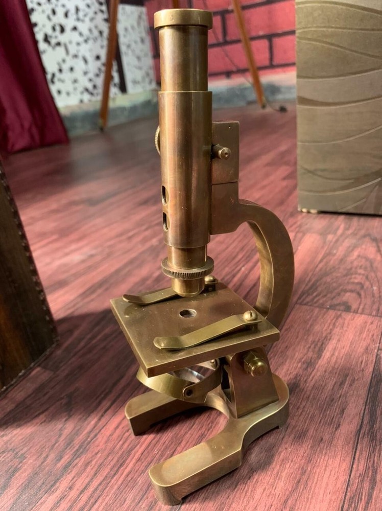 Antique Brass Microscope Student Microscope 7" Monocular Type With Leather Cover