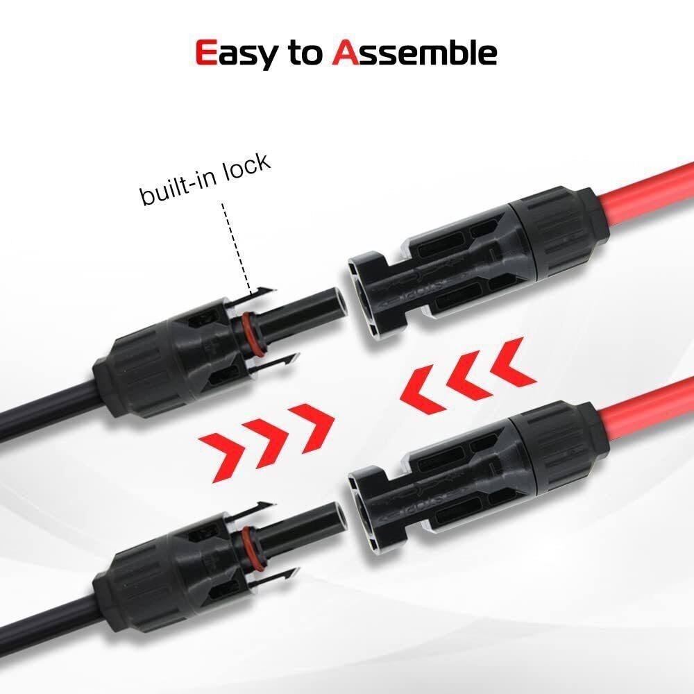 1 Pair Black+Red Solar Panel Extension Cable Wire Solar Connectors 10 AWG Gauge