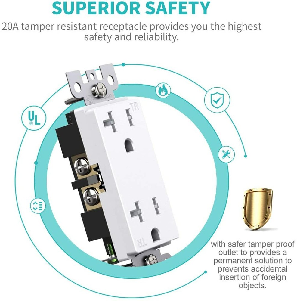 Outlet Socket, Decora Duplex Receptacle, 20 Amp 125 Volt Tamper Resistant 10pack