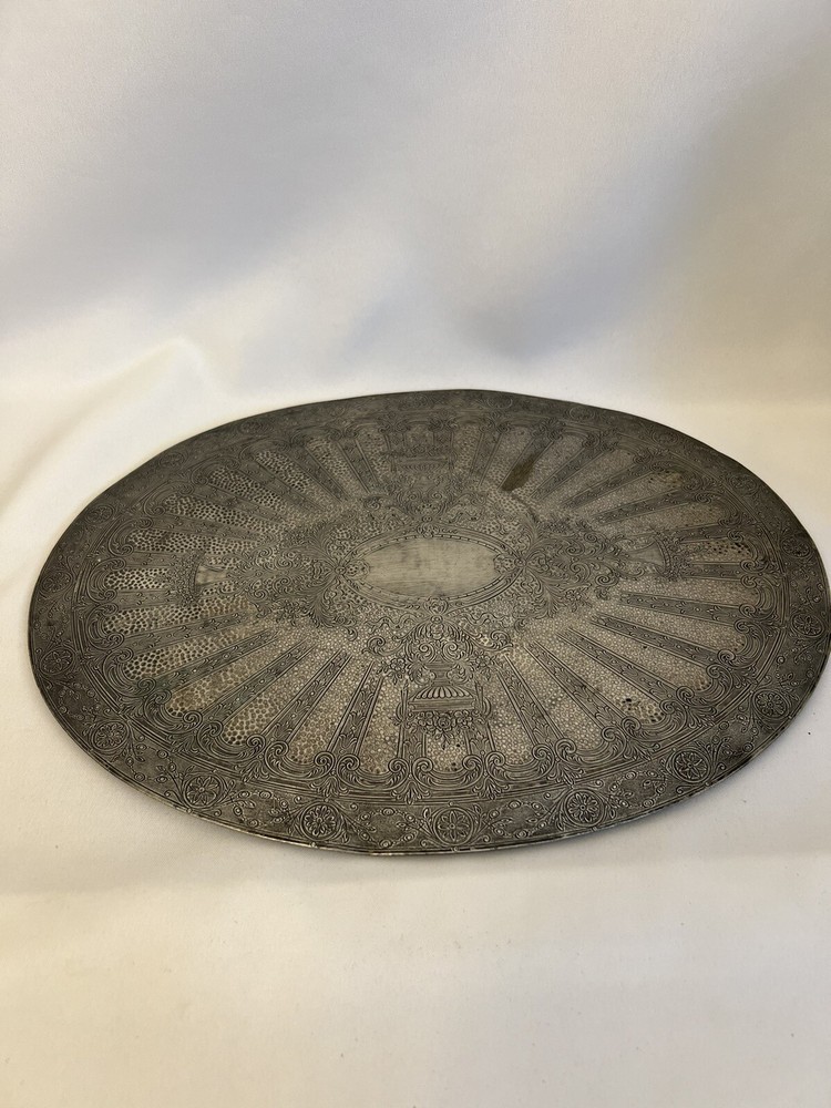 2 Vintage Silver-plate Round Oval Scroll Etched Trivet Hot Pad Plates Felt Back