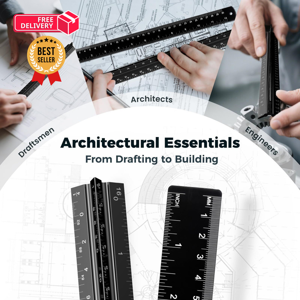Rena Chris 2Pcs Architectural Scale Ruler, Triangular & Straight Black