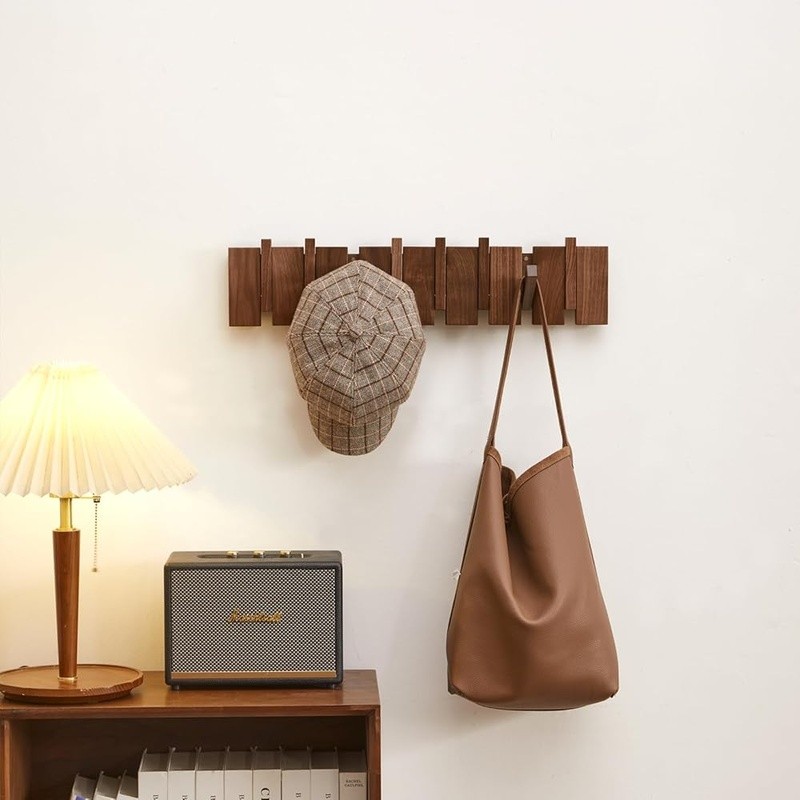 Handmade Wood Coat Rack Wall Mount Solid Walnut Piano Keys Design Space Saving