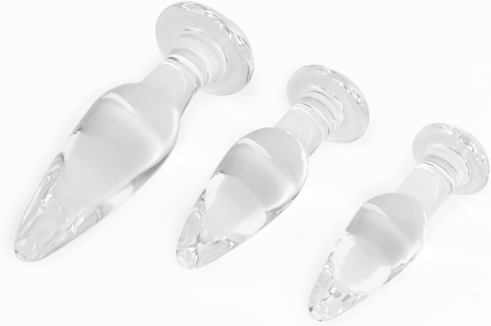 3 Pieces Glass Butt Plug Set Crystal Butt Plug Training Kit with Smooth Flat Bas