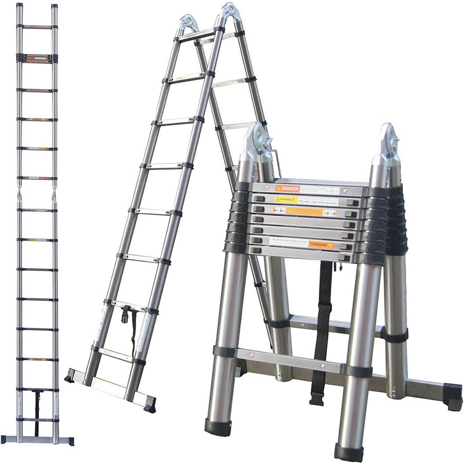 8-16FT Steel Telescoping Ladder Extension Ladders Retraction Collapsible Folding