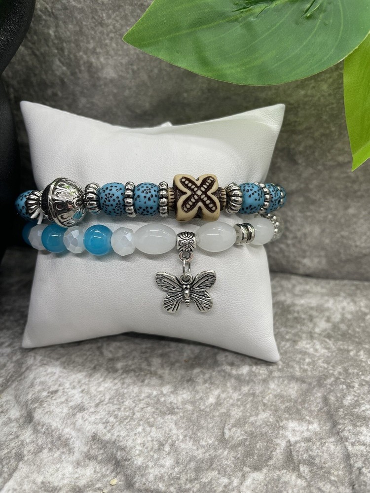 2 PC Handmade Boho Beaded Stackable 6.5” Plus Stretch Bracelet Set New B1243