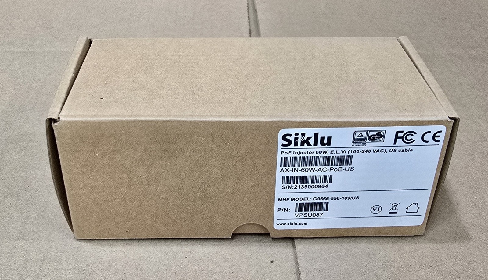 Brand New Siklu PoE Injector 60W (100-240 VAC) G0566-550-109/US