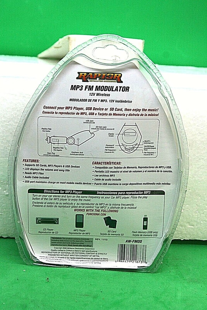 Raptor Wireless FM Modulator MP3 SD Card USB Player AW-FMOD *