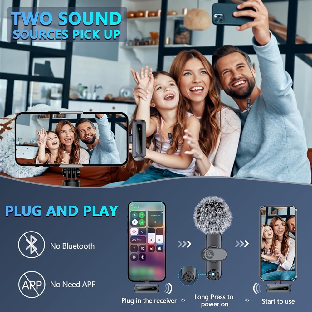 Wireless Microphone Mini Mic for iPhone/Android Phone, LED Display Lavalier Micr