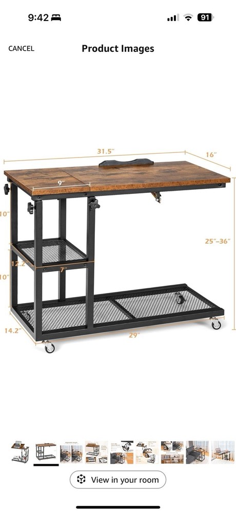 Tangkula Height Adjustable C Shaped End Table With Locking Wheels