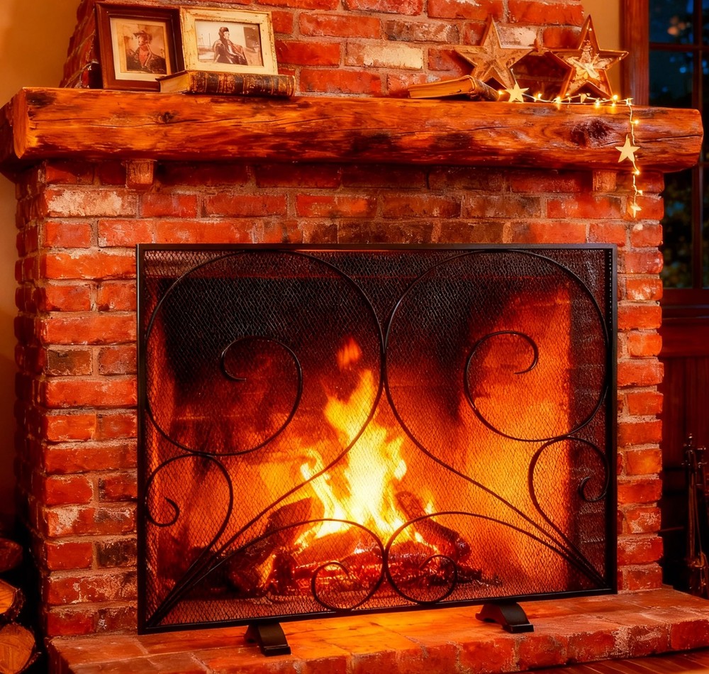 Single Panel Fireplace Screen Handcrafted Solid Wrought Iron Mesh, Heat-Resis...