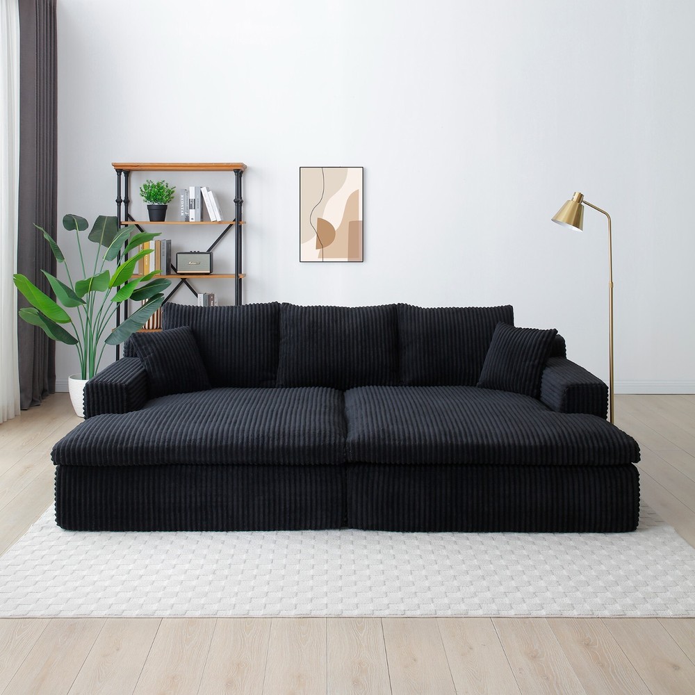 Modern Sectional Sofa Bed Corduroy Upholstered Modular Sleeper Couch With Pillow
