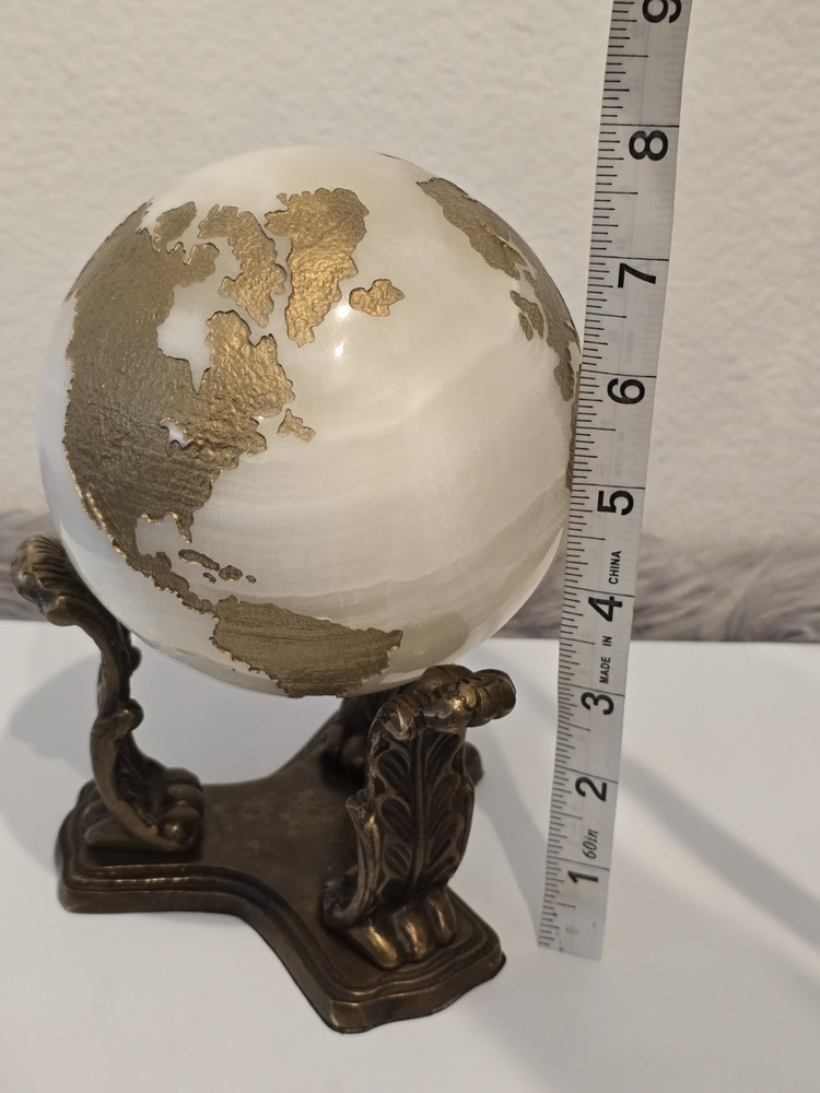 Maitland Smith Marble Stone Globe Solid White Gold With Aftermarket Base