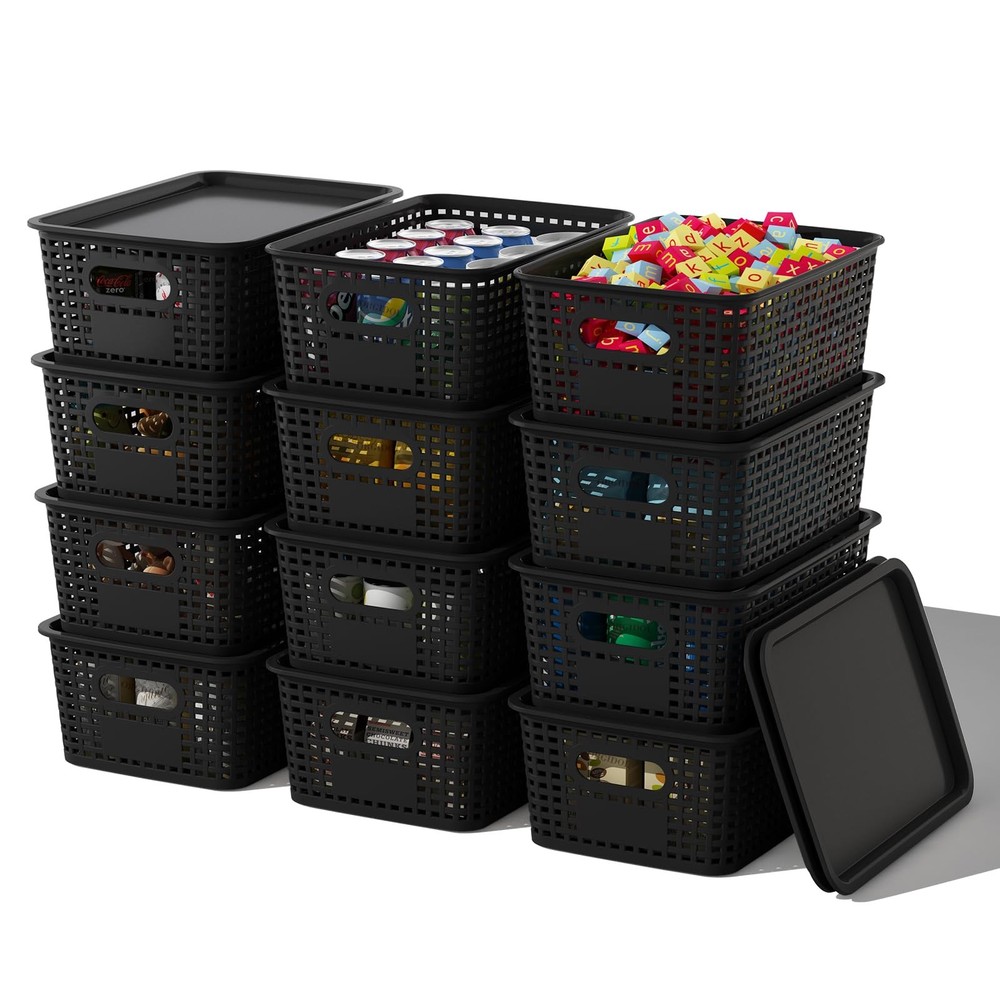 ORGIDOL Plastic Storage Basket with Lids 12 Pack Stackable Black Storage Bins Co