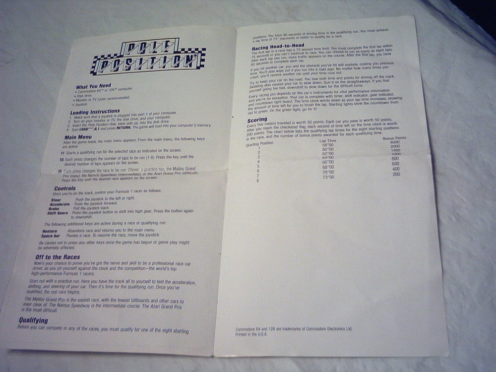 Commodore 64 /128 *Game Manual ONLY* POLE POSITION Thunder Mountain Instructions