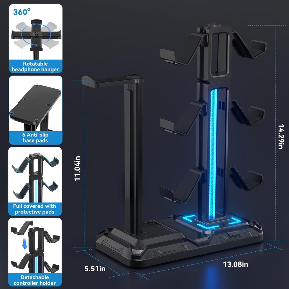 RGB Multi-Controller Holder with 9 Light Modes - Rotatable Universal Headphon