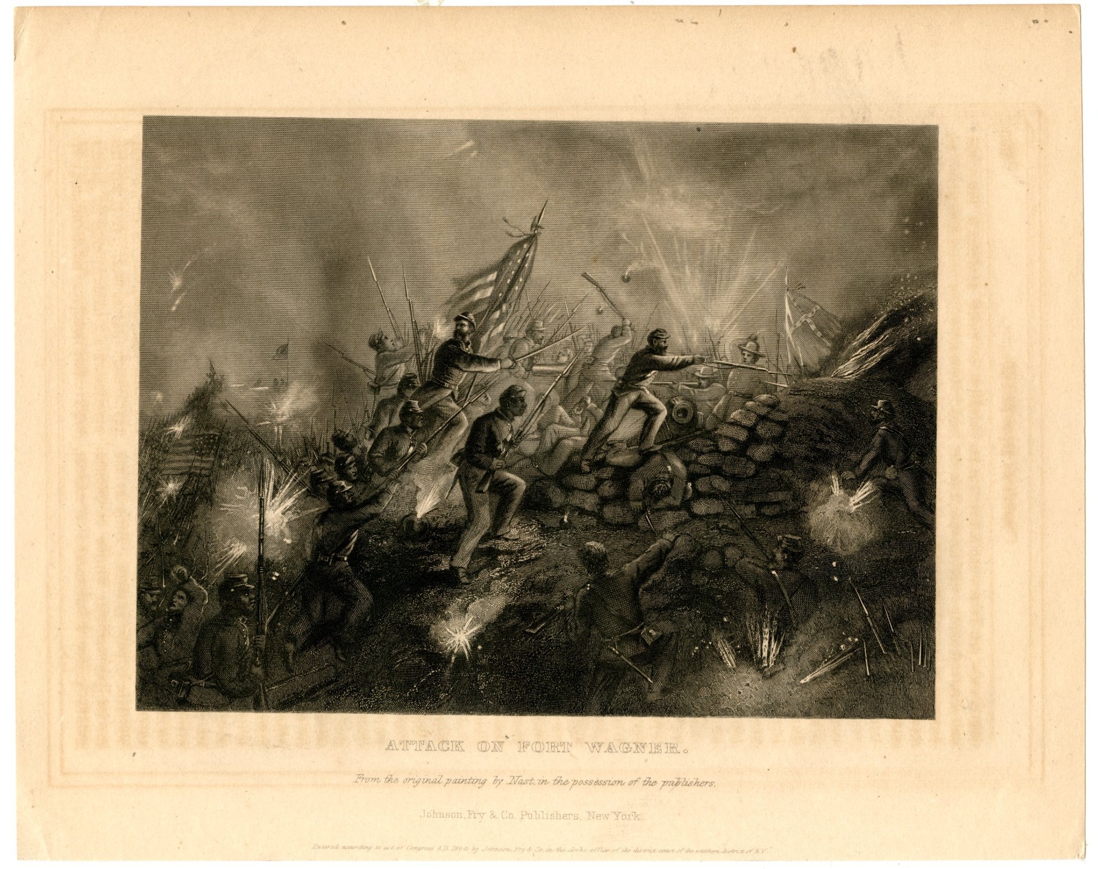 ATTACK ON FORT WAGNER, 54th Massachusetts Black Troops Civil War, Engraving 9924
