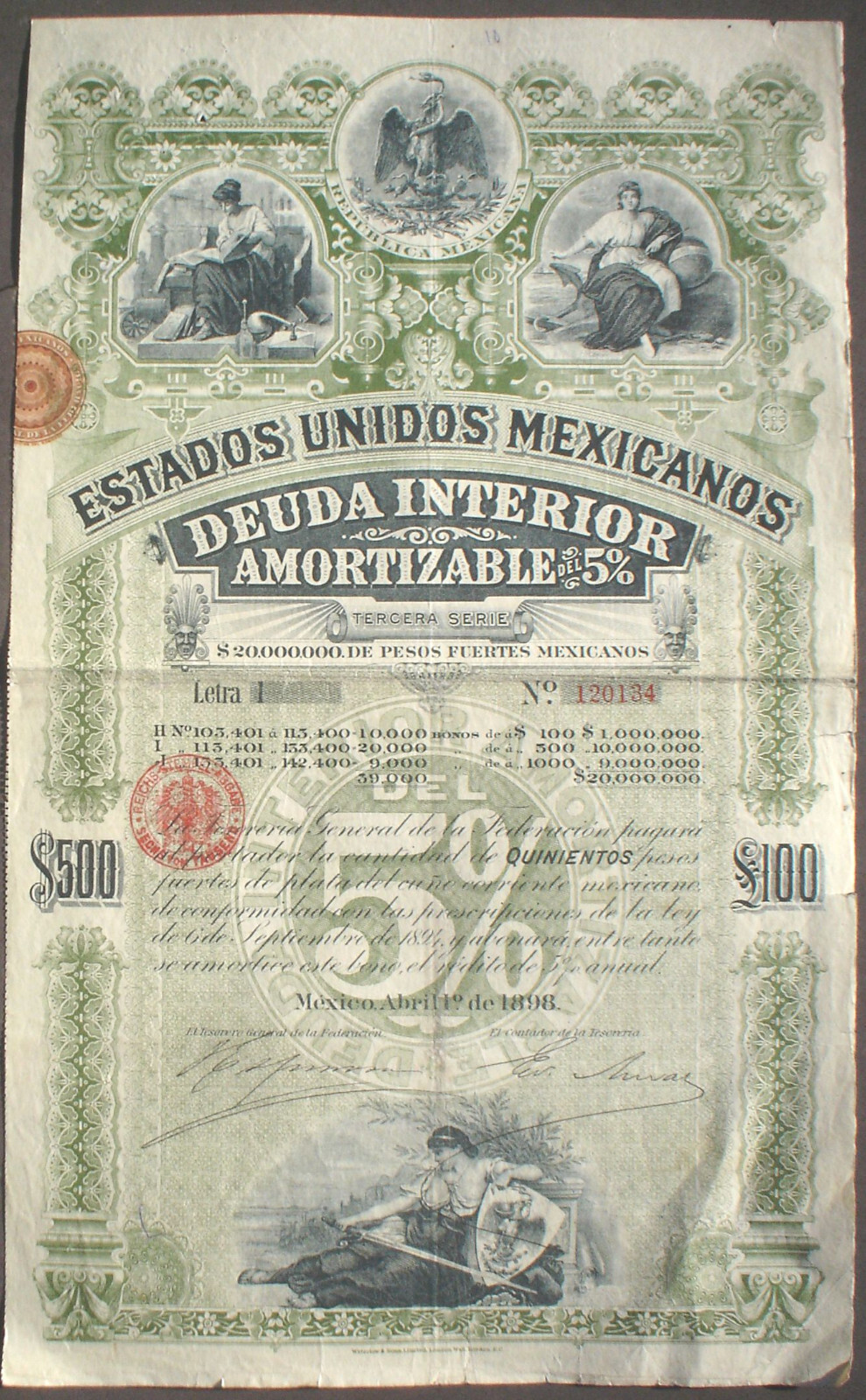 Mexico ESTADOS UNIDOS MEXICANOS BONDS 5%,  £100, 1898 uncancelled