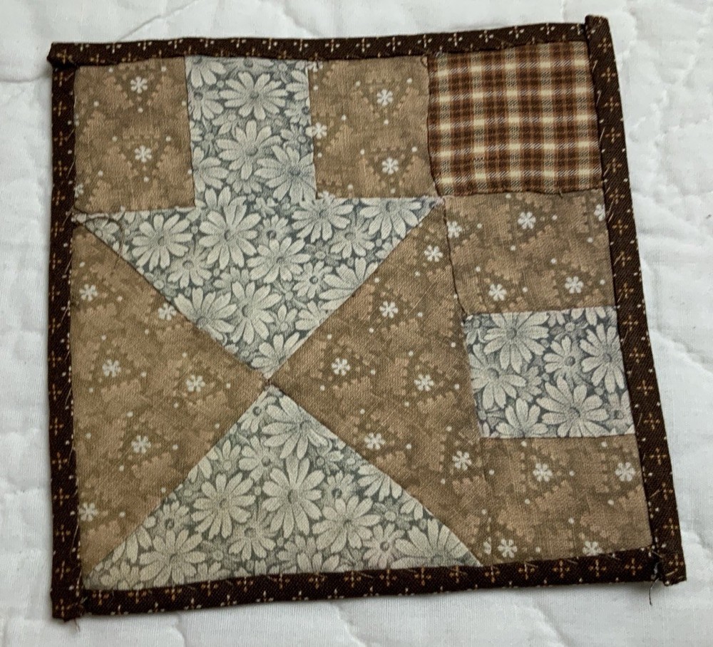 Antique Patchwork Quilt Table Topper, Early Calico Prints, Triangles, Brown