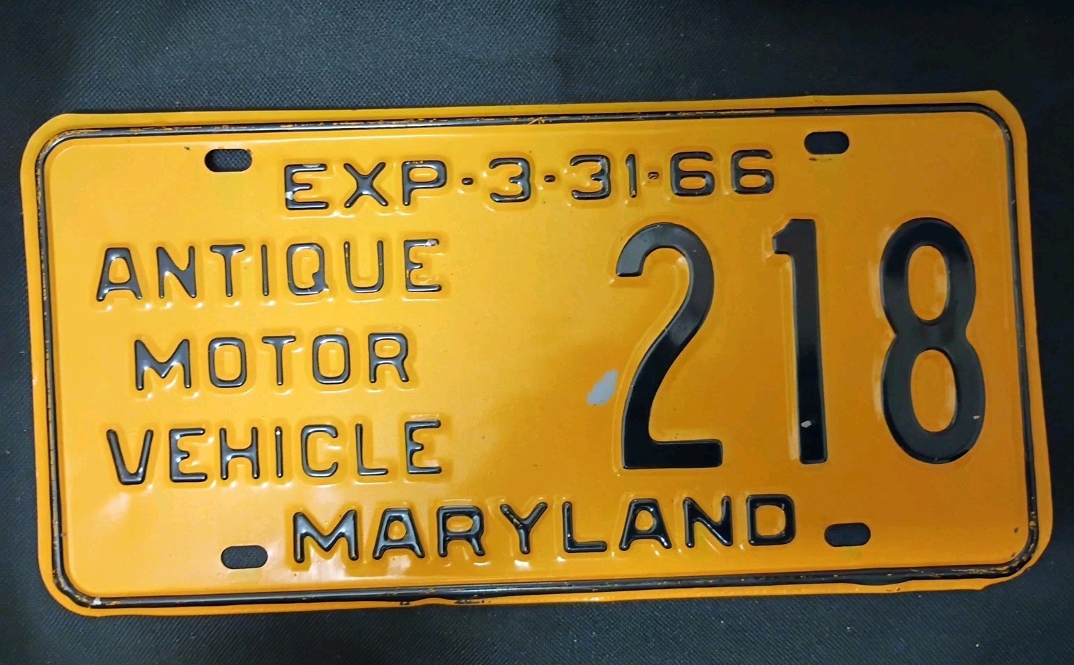 Vintage Maryland Antique Motor Vehicle License Plate with 3/31/66 Lic.Plate.