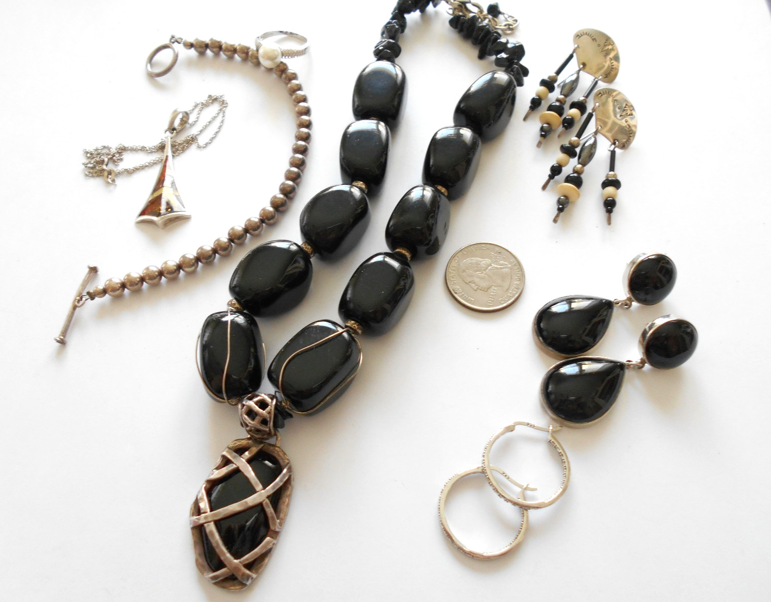 Lot of 7 Pieces Sterling Silver Onyx Amber Jewelry Lot #6 194 Grams