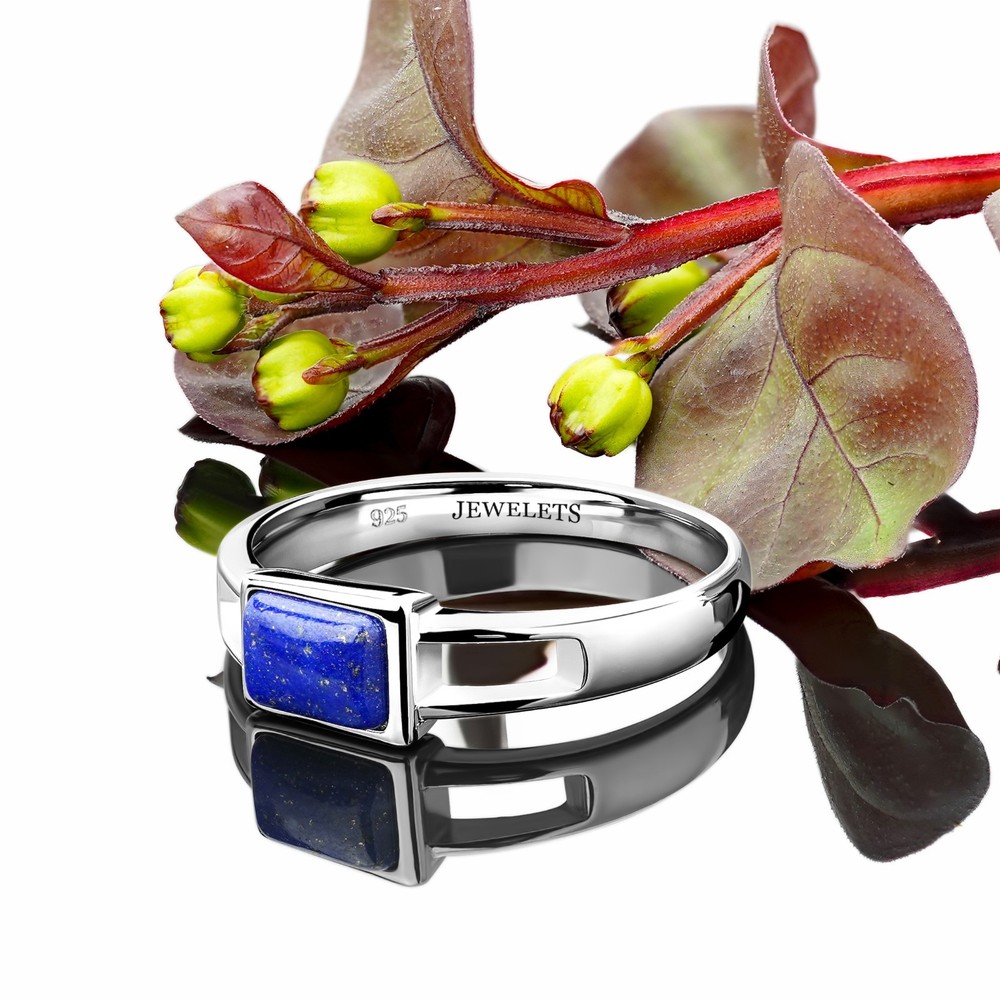 Silver Lapis Lazuli Ring – Rhodium Plated Rectangular Minimalist Signet
