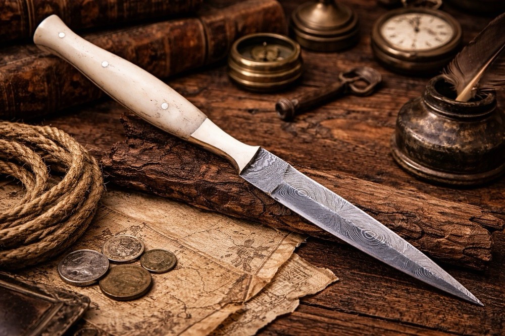 Fix Blade Double edge Dagger Damascus knife Boot Hunting Tactical Camel Bone