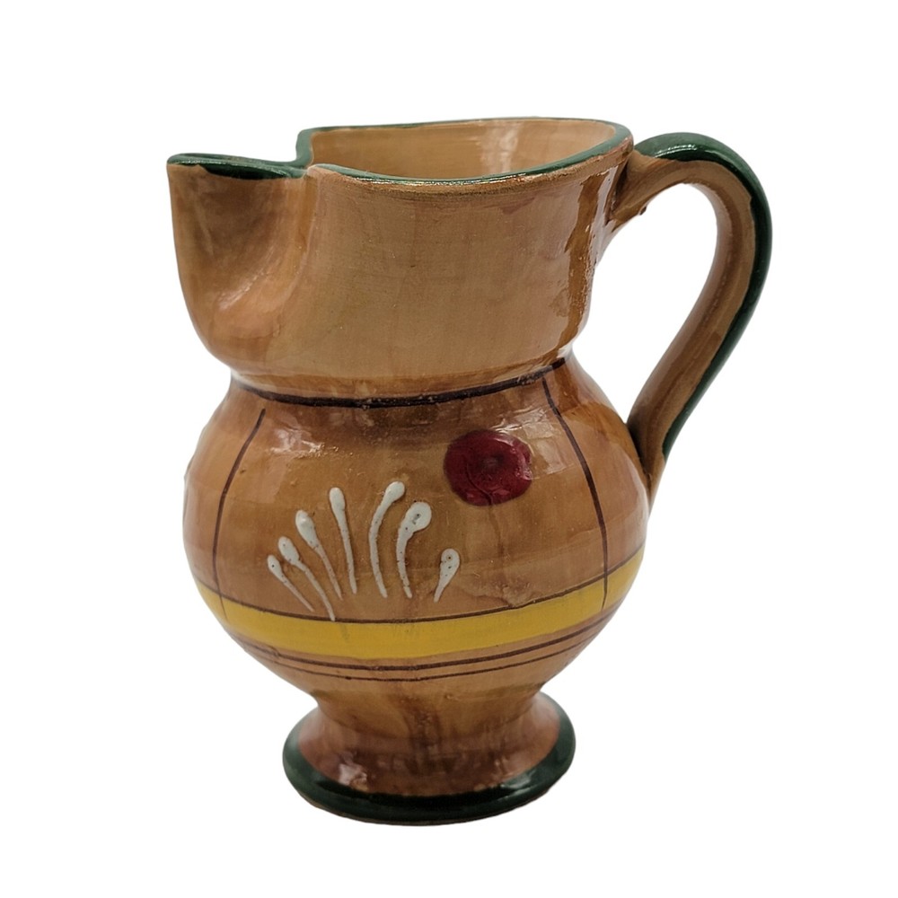 5" Brown Pottery Handled Pitcher Vase Handpainted Unsigned