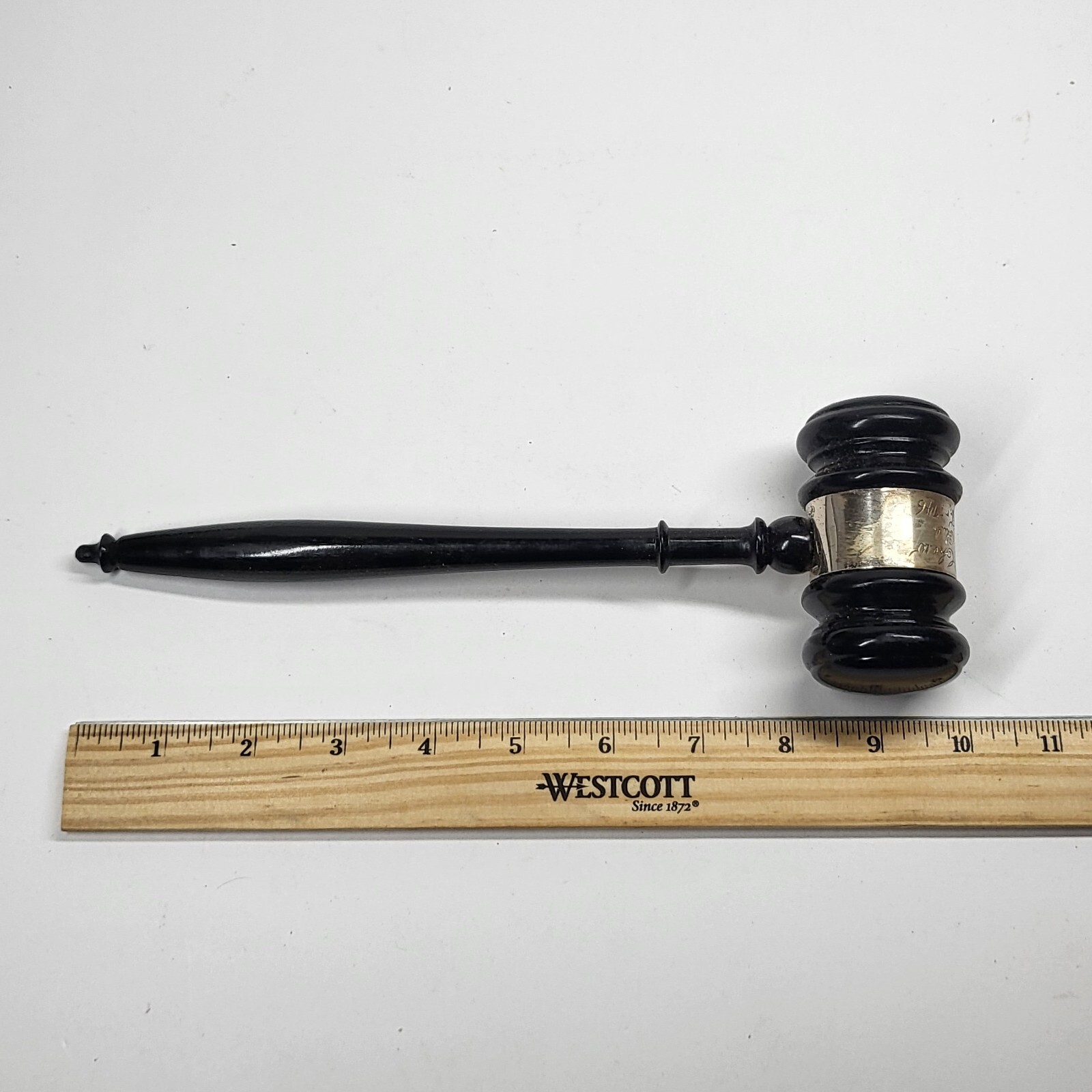 Ebony Wood Gavel w/Sterling Silver Band 10” Vintage 1946 Engraved Onized Club