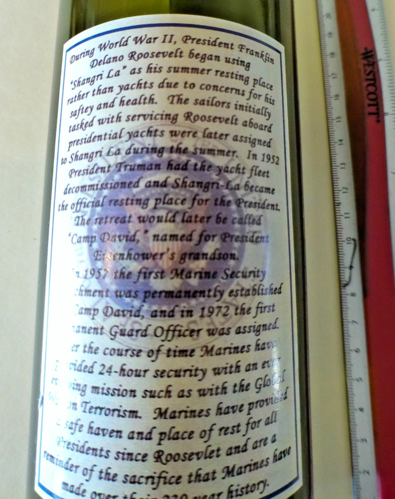 USMC CAMP DAVID SECURITY TEAM WINE BOTTLE, UNIQUE LABLE