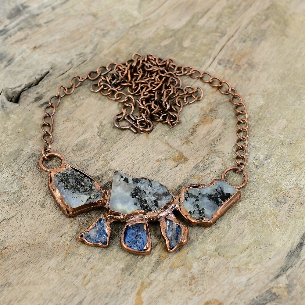 Rainbow Moonstone Rough Electroformed Chain Adjustable Necklace Copper 18.0"