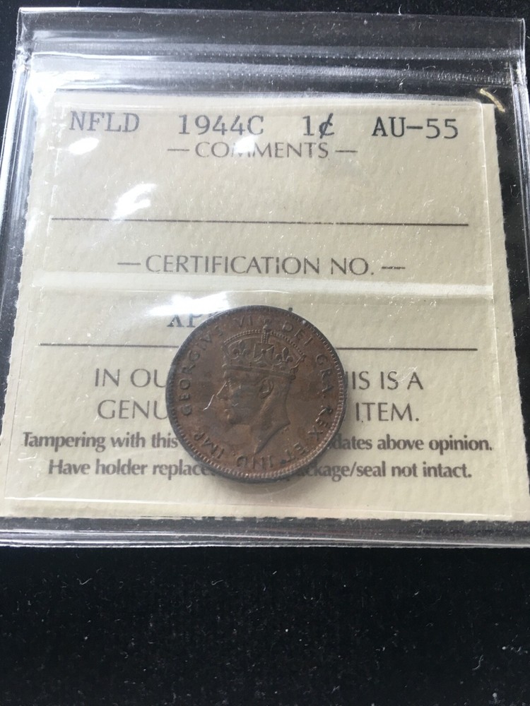 1944c, ICCS Graded Newfoundland, Small One Cent, **AU-55**