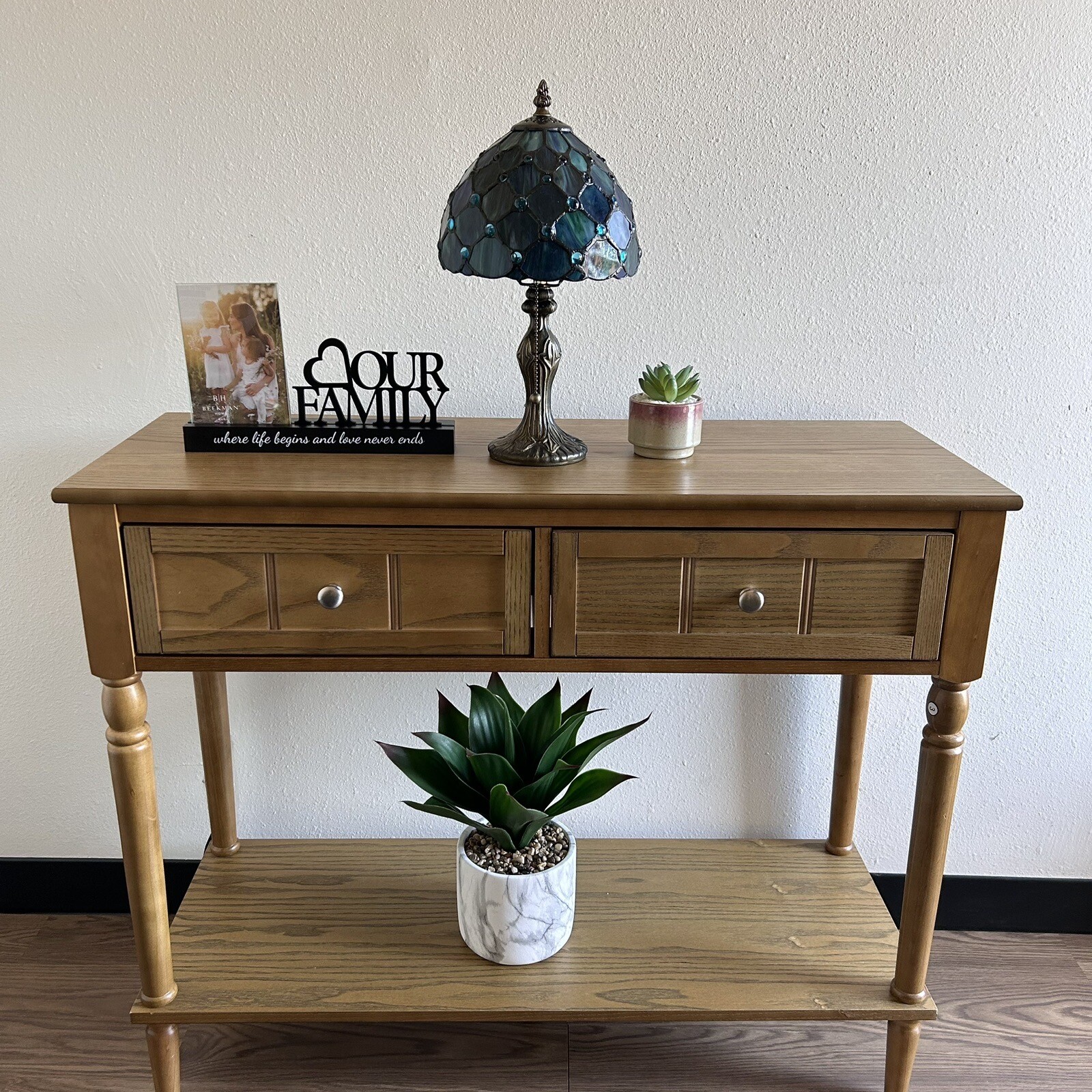 Tiffany Style Mini Table Lamp Blue Stained Glass Crystal Beans LED Bulb 14"H*8”W