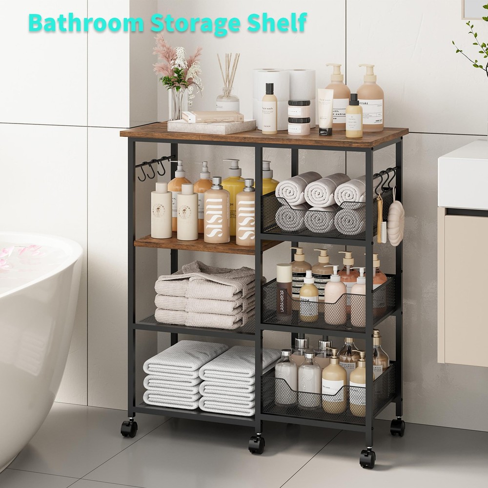 Rolling Kitchen Carts with Storage - Microwave Table Stand with 6 Hooks & 3 B...