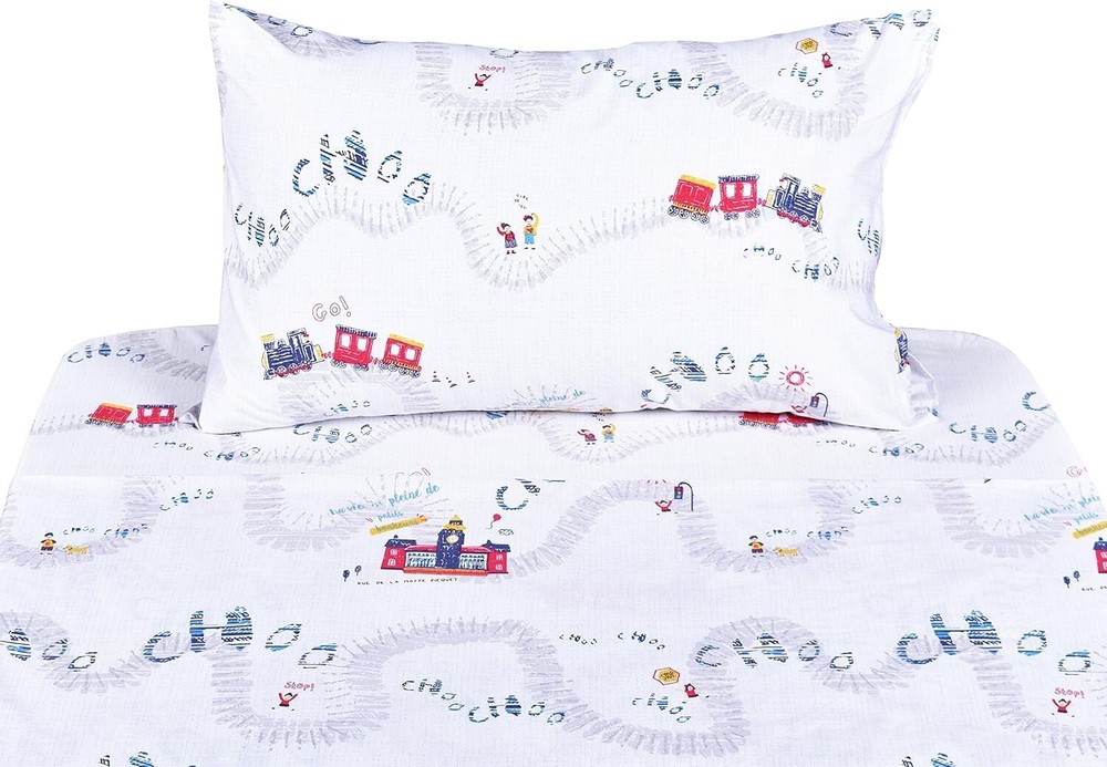 J-Pinno Train Bedding Set 100% Cotton Flat Sheet + Fitted Sheet + Pillowcase