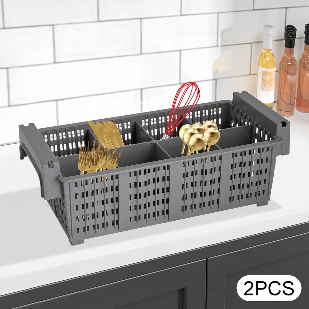 2pcs Flatware Set in PP Buffet 8 Compartments Flatware Drying Container Gray