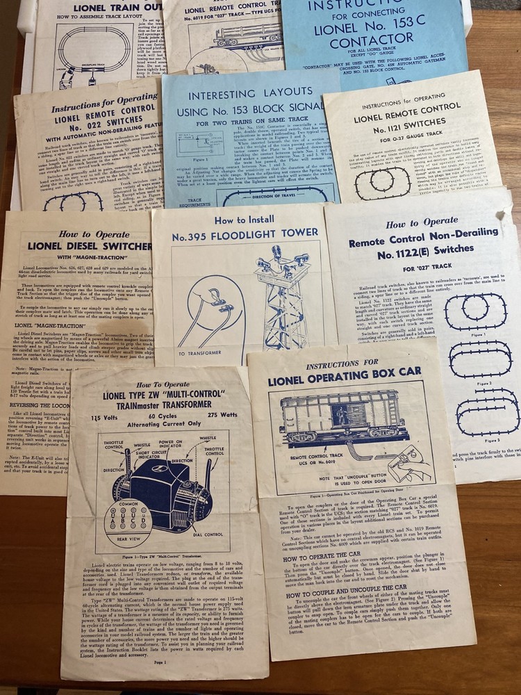 11 Lionel Instruction sheets all different