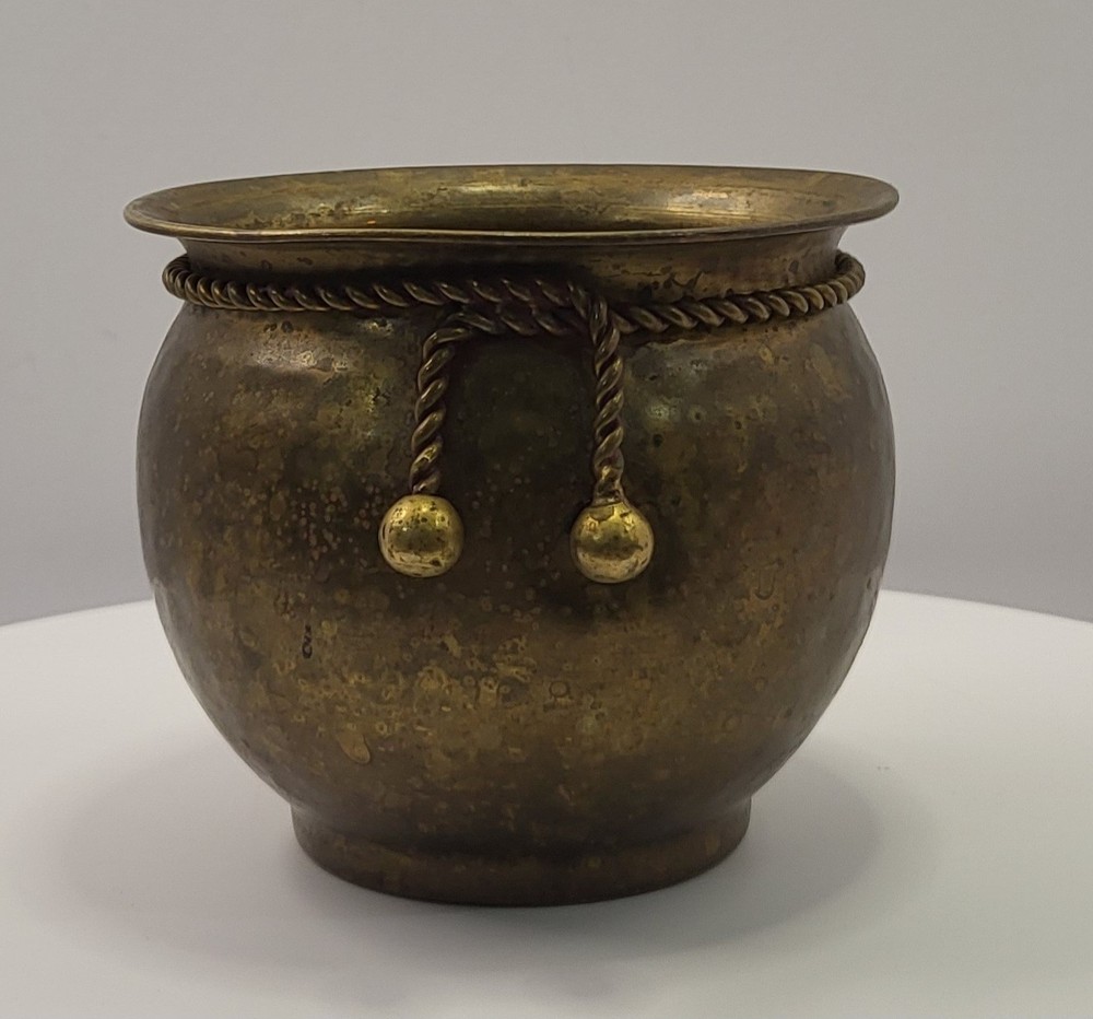 Vintage Hammered Brass Planter or Candle Holder Rope Pattern