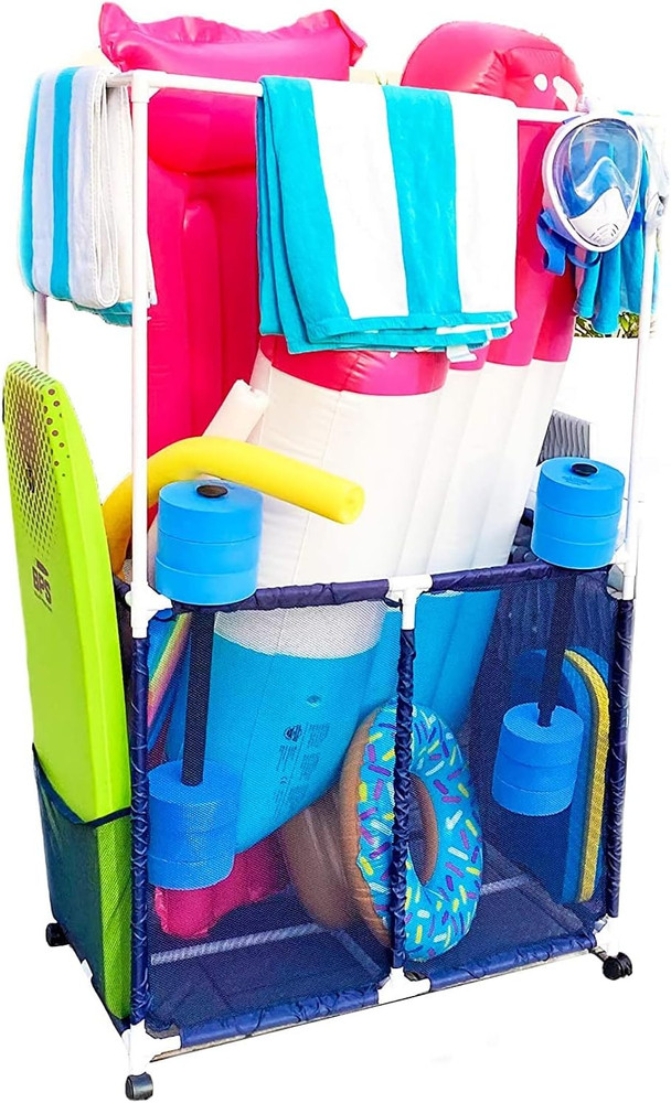 Pool Equipment Holder with Towel Drying Bars, Mesh Rolling Pool Storage Organize