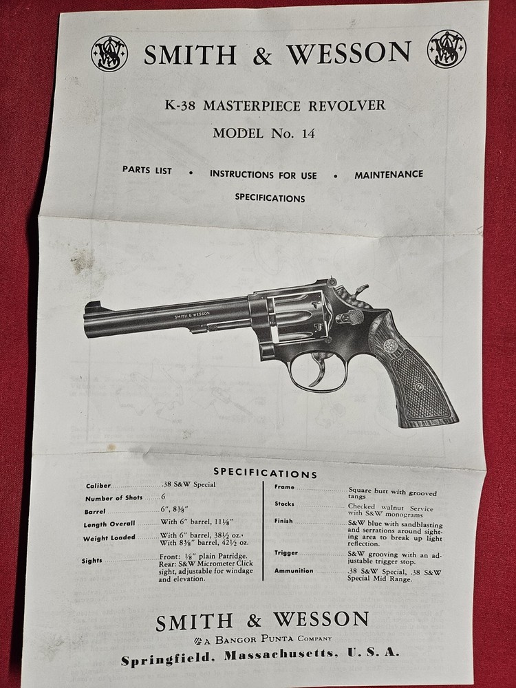 Smith & Wesson Model 14 K38 Masterpiece Paperwork 10-78 Printed.