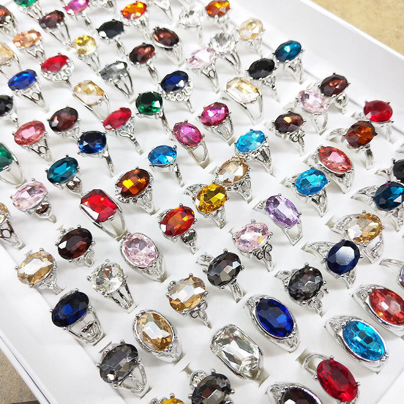 100Pcs Wholesale Colorful Crystal Mixed Rings Bulk Finger Band Ring Jewelry Lot