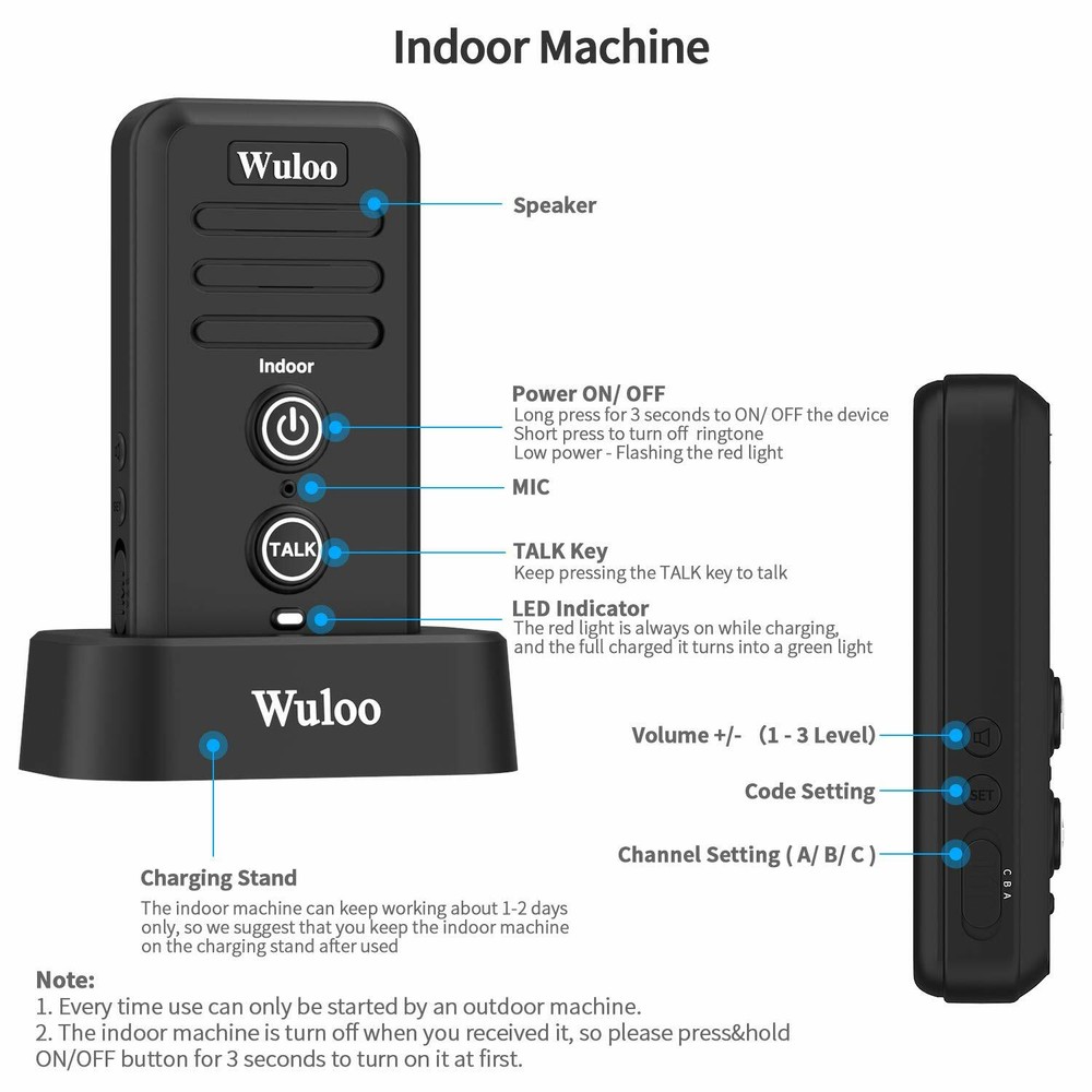 Wuloo 0.5 Mile Range Wireless Doorbells Intercoms Rechargeable Waterproof Ring
